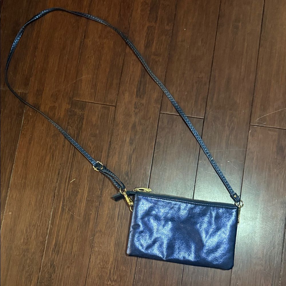 Metallic Blue Crossbody Gold Accents Multiple Compartments Card Slot Zip Close